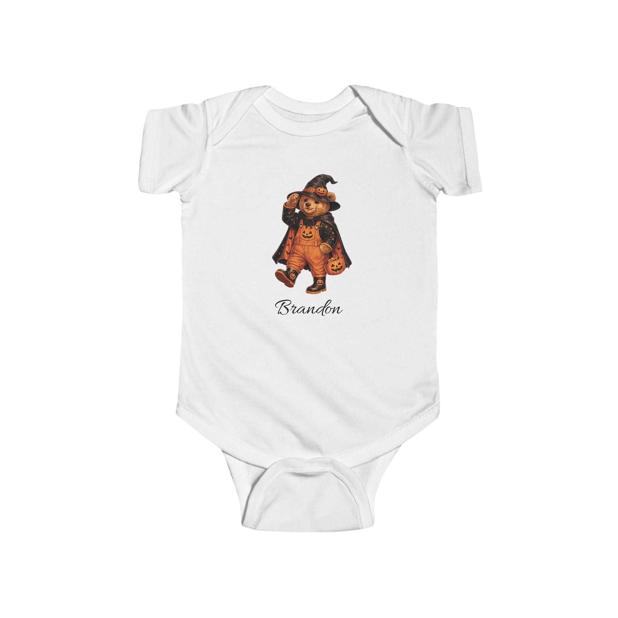 Personalised Halloween teddy bear witch baby bodysuit with cape and pumpkin bucket custom name