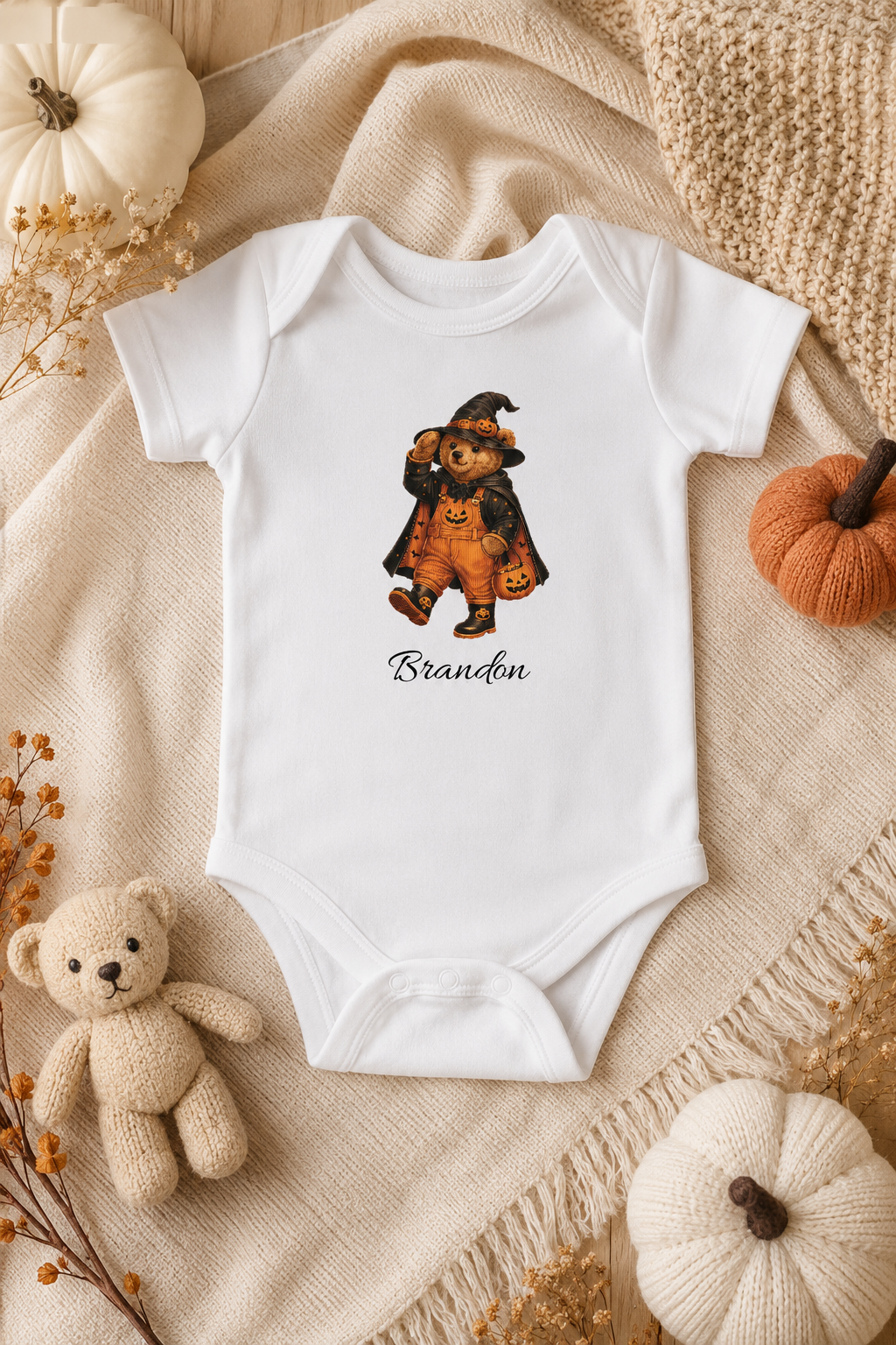 Halloween teddy bear bodysuit infographic — soft cotton snap closure personalised baby outfit