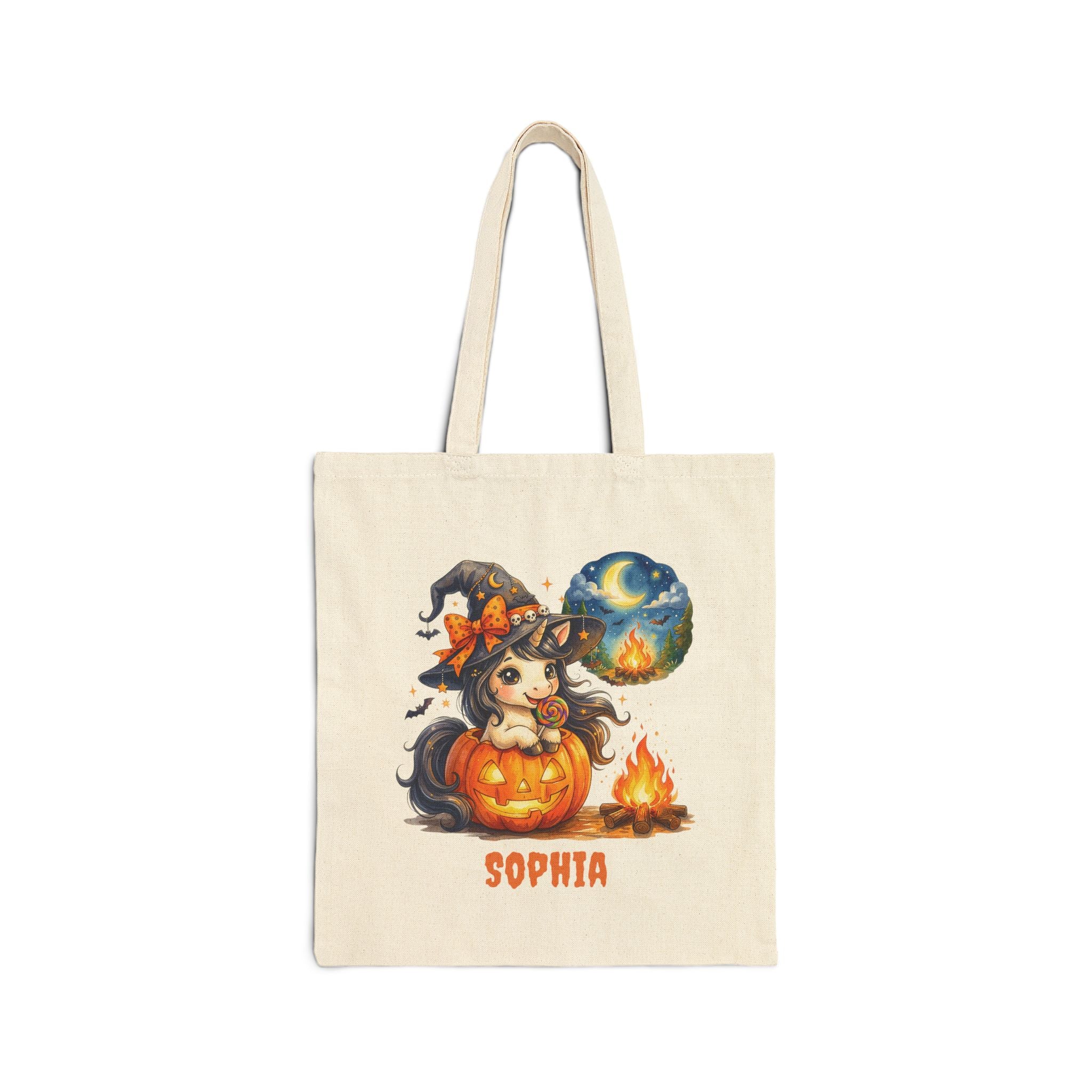 Personalised Halloween unicorn witch pumpkin tote bag with campfire moonlit sky and custom name