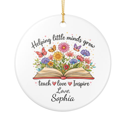 Personalised Helping Little Minds Grow teacher ornament — floral book design with butterflies and custom name