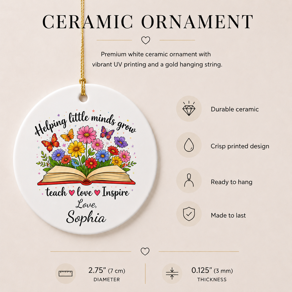 Helping Little Minds Grow ornament infographic — durable ceramic, crisp printed design, ready to hang