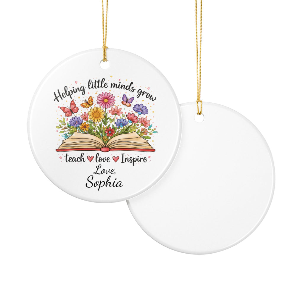 Teacher appreciation ornament personalised with child's name — round white ceramic keepsake end of term gift