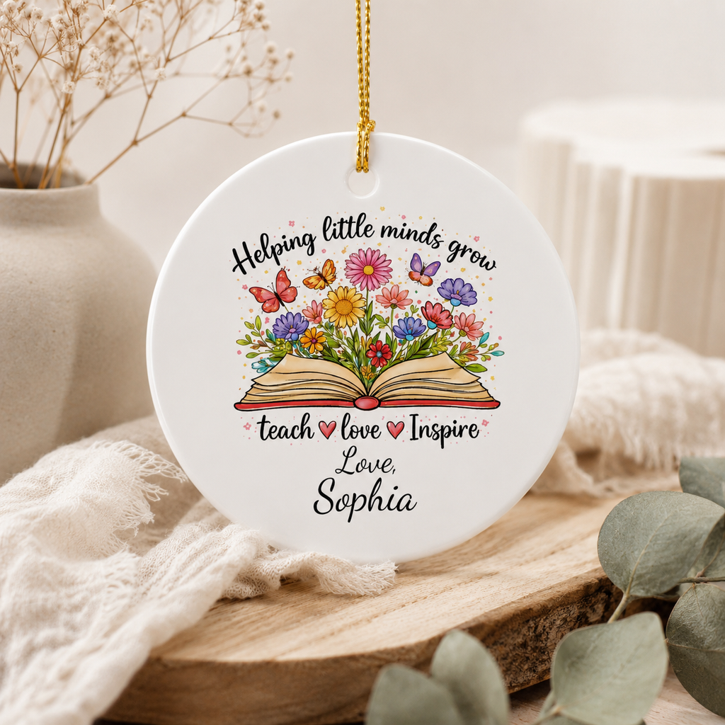 Helping Little Minds Grow ceramic ornament spec sheet — 2.75 inch UV printed teacher gift