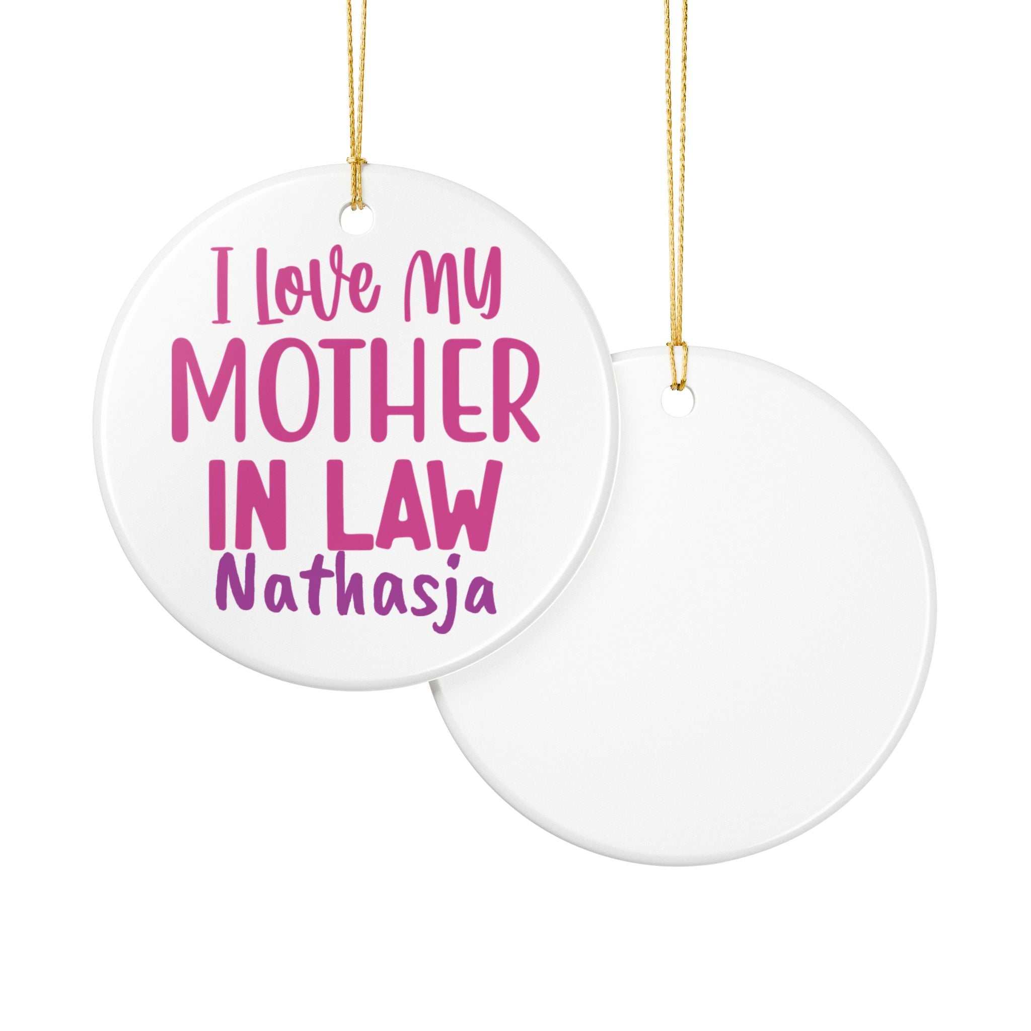 Mother in law ornament close-up — personalised pink keepsake gift with gold hanging string