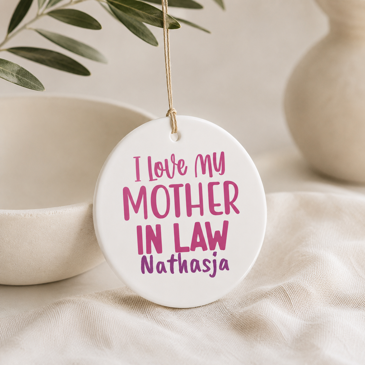 I Love My Mother In Law ceramic ornament size and spec sheet — 2.75 inch UV printed personalised gift