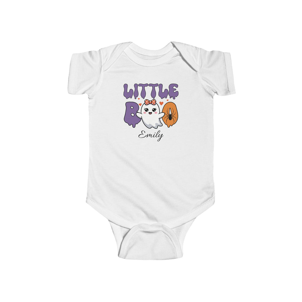 Personalised Little Boo Halloween baby bodysuit with cute ghost bow and custom name in purple