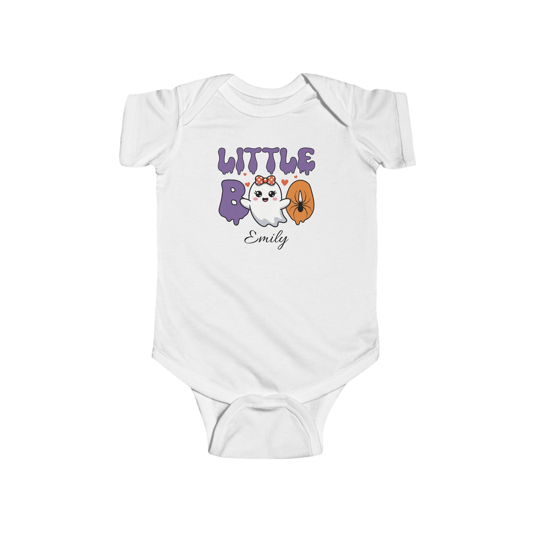 Personalised Little Boo Halloween baby bodysuit with cute ghost bow and custom name in purple
