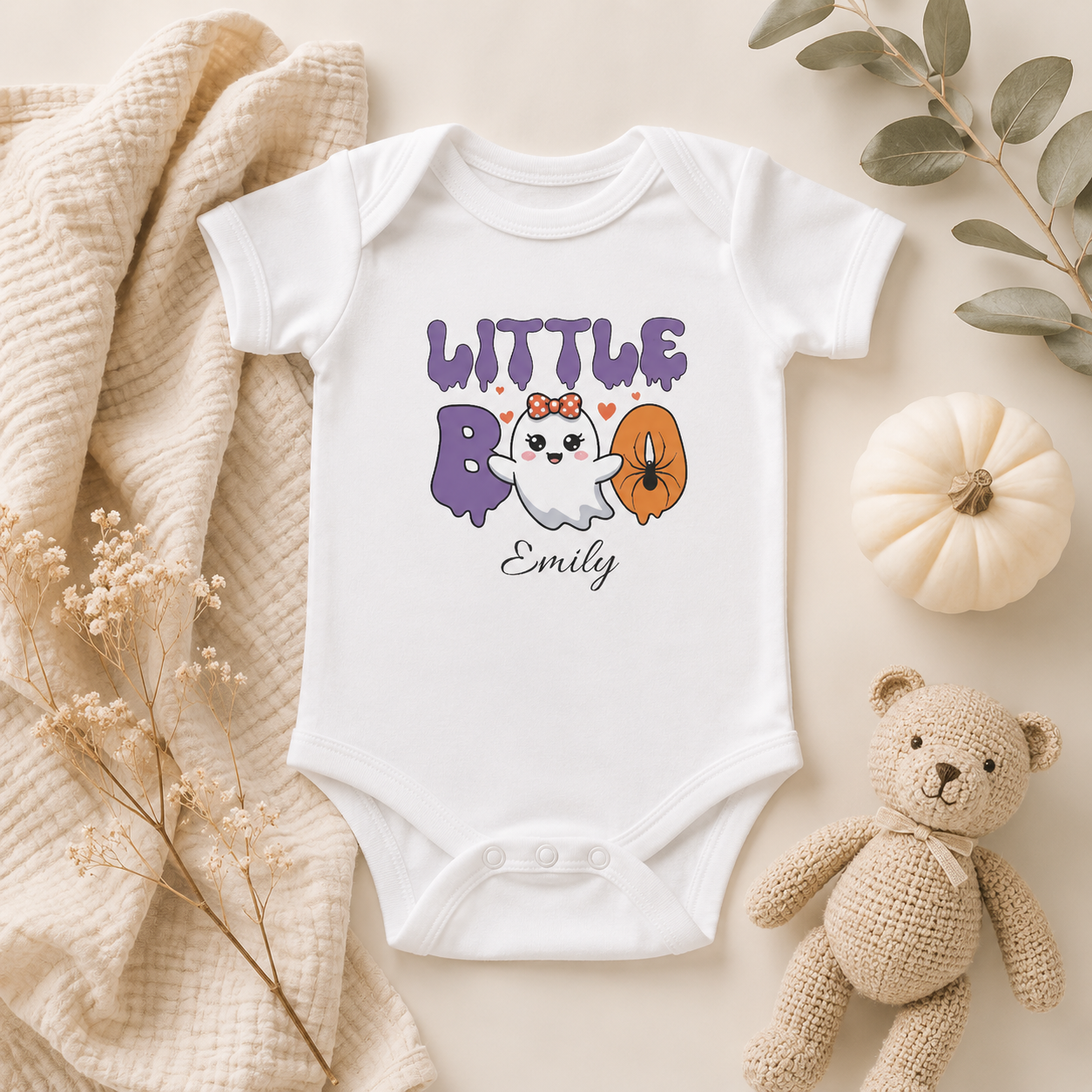 Little Boo Halloween baby bodysuit spec sheet — sizes NB to 24M personalised baby gift