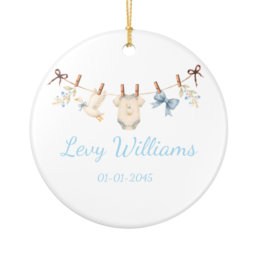Personalised new baby boy ceramic ornament with duck clothesline design and custom name and date in blue script