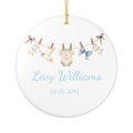 Personalised new baby boy ceramic ornament with duck clothesline design and custom name and date in blue script