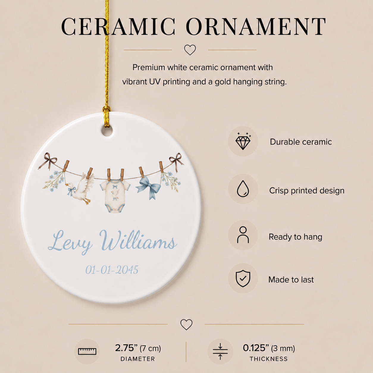 New baby boy ceramic ornament size and spec sheet — 2.75 inch UV printed name and date birth keepsake
