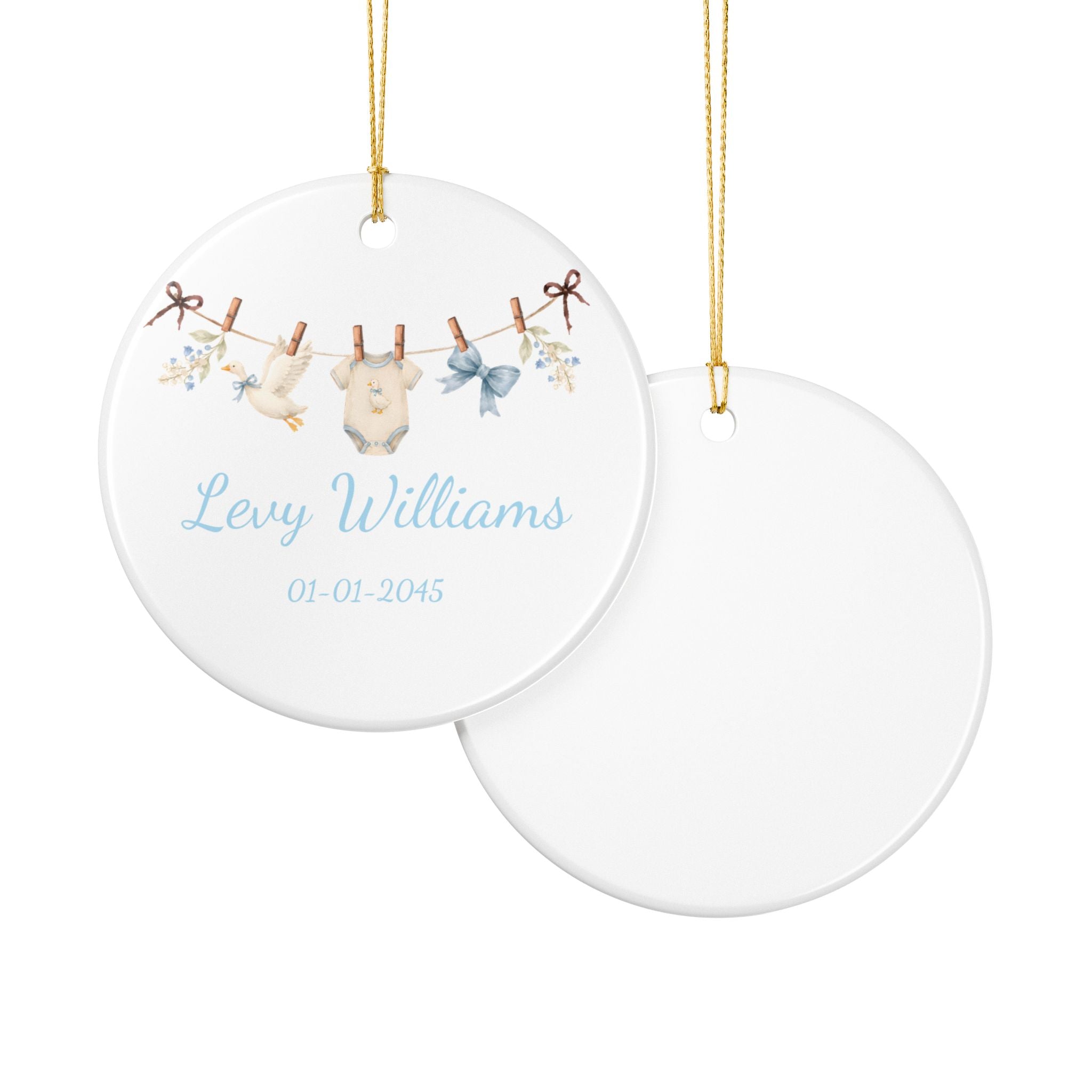 Baby boy duck ornament on white background — personalised round ceramic newborn keepsake gift