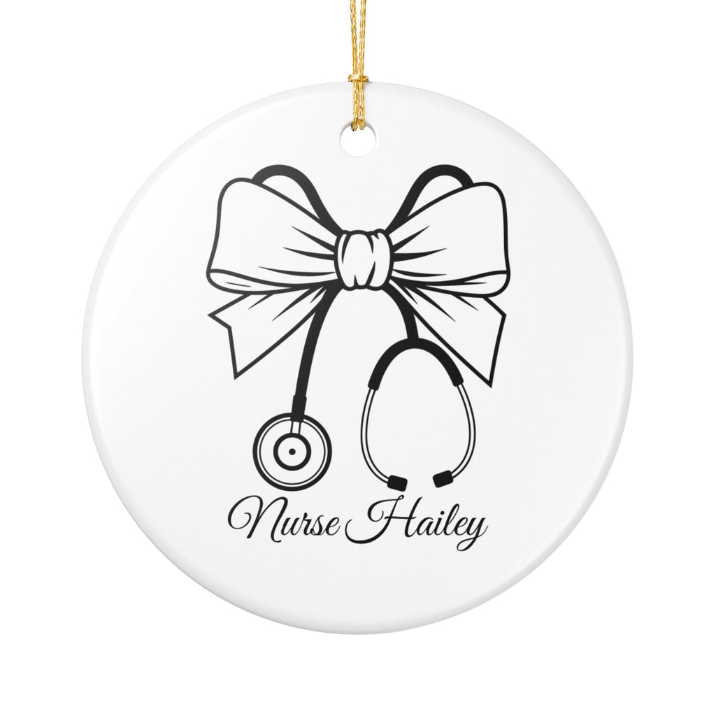 Personalised nurse bow and stethoscope ceramic ornament — elegant black line art with custom nurse name