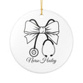 Personalised nurse bow and stethoscope ceramic ornament — elegant black line art with custom nurse name