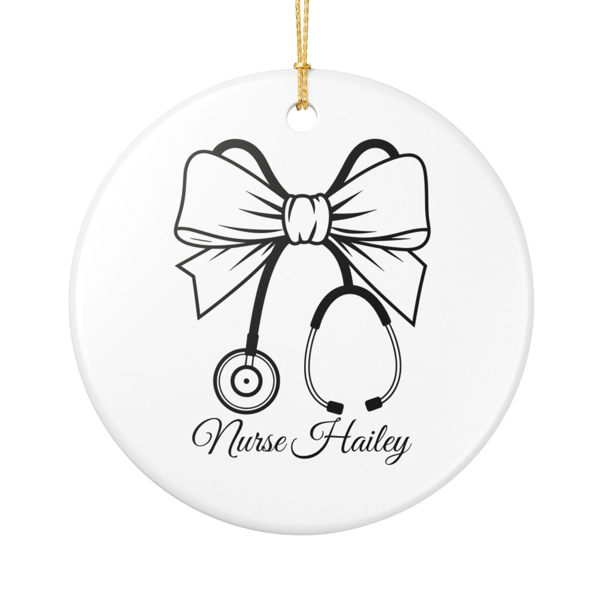 Personalised nurse bow and stethoscope ceramic ornament — elegant black line art with custom nurse name