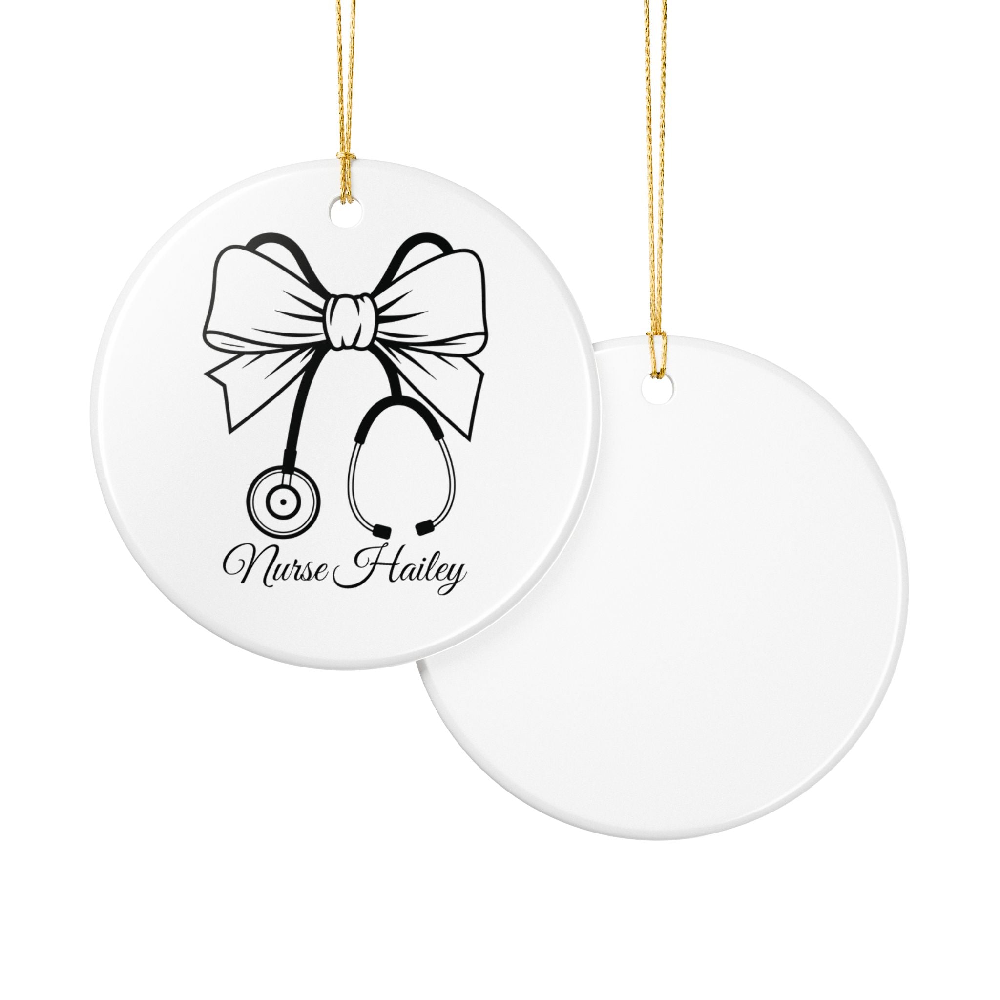 Nurse stethoscope bow ornament lifestyle shot — round white ceramic nurse keepsake gift with gold string