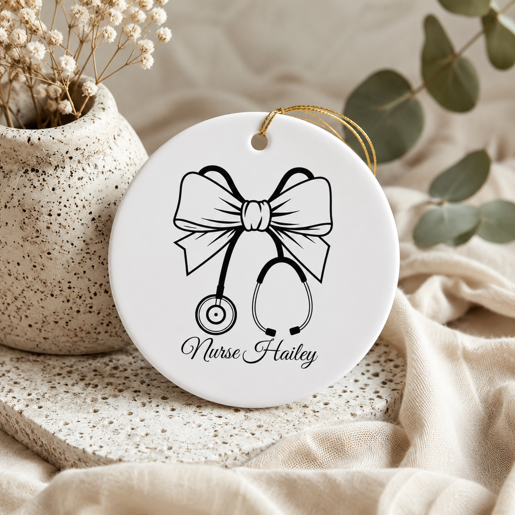 Nurse bow stethoscope ornament spec sheet — 2.75 inch UV printed personalised nurse gift