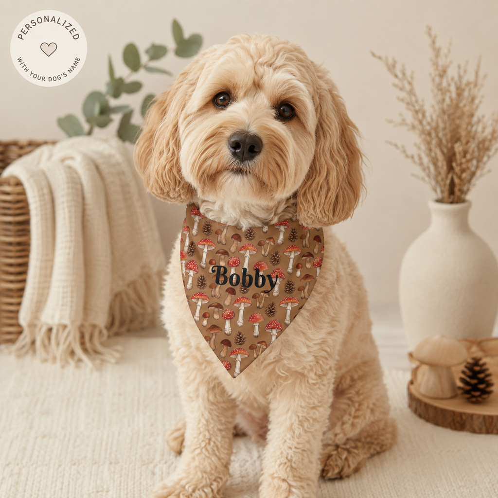 Personalized Wild Mushroom dog bandana with custom pet name - size chart