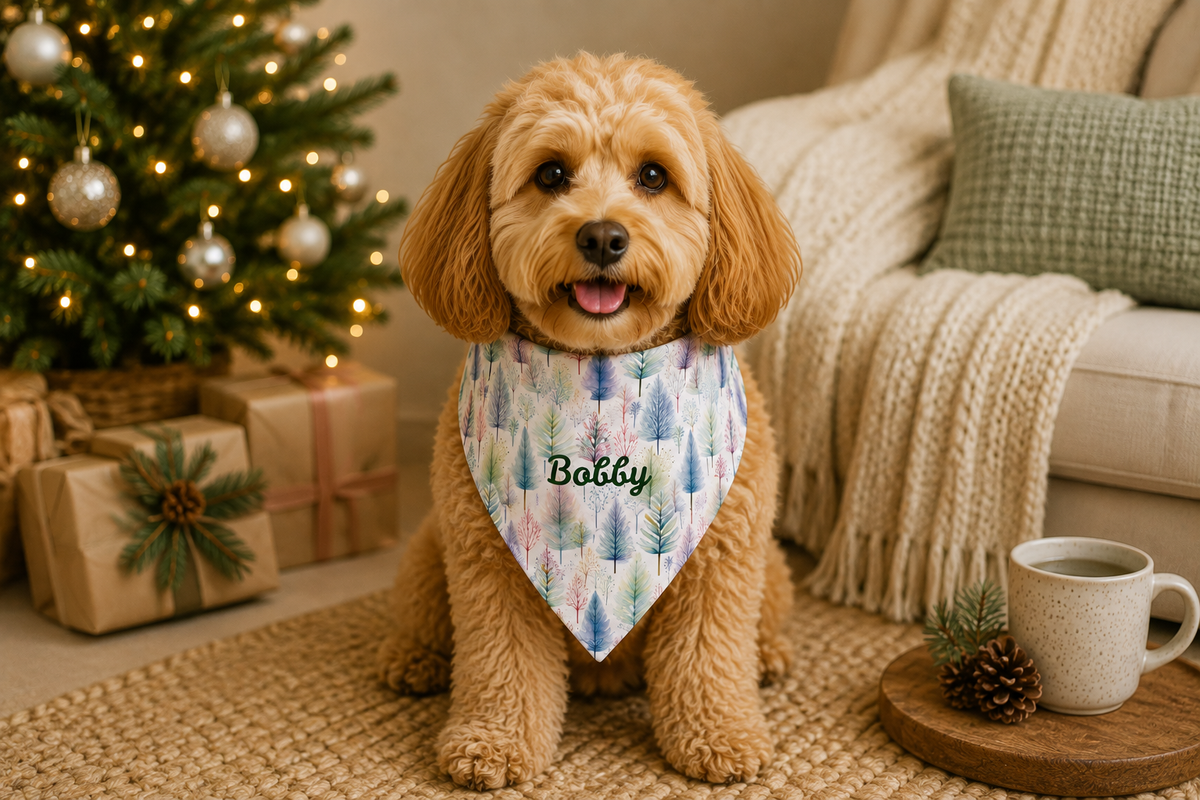 Personalized Watercolor Winter Trees dog bandana with custom pet name - size chart