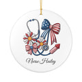 Personalised patriotic nurse stethoscope ceramic ornament — red white blue bows and daisies with custom nurse name