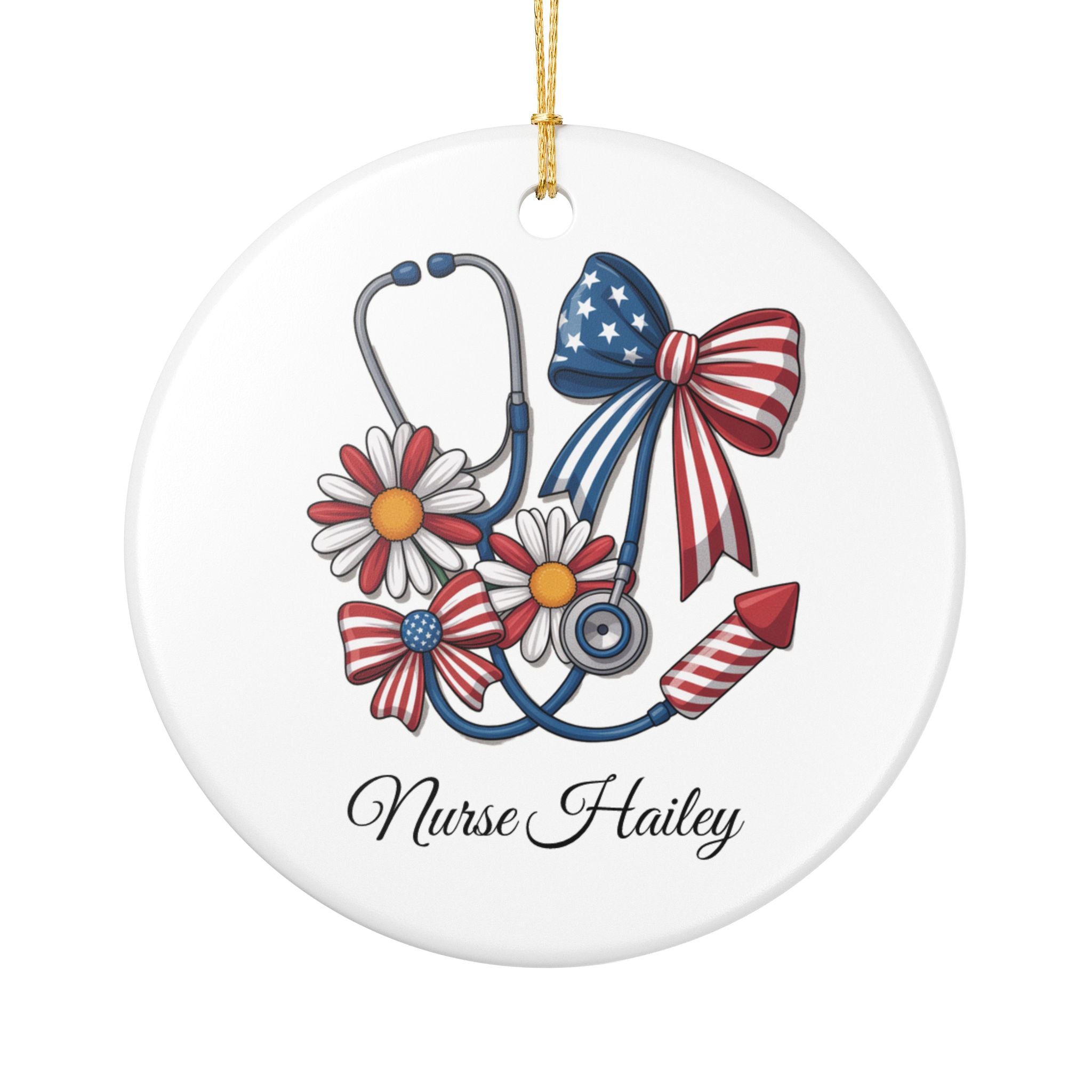 Personalised patriotic nurse stethoscope ceramic ornament — red white blue bows and daisies with custom nurse name