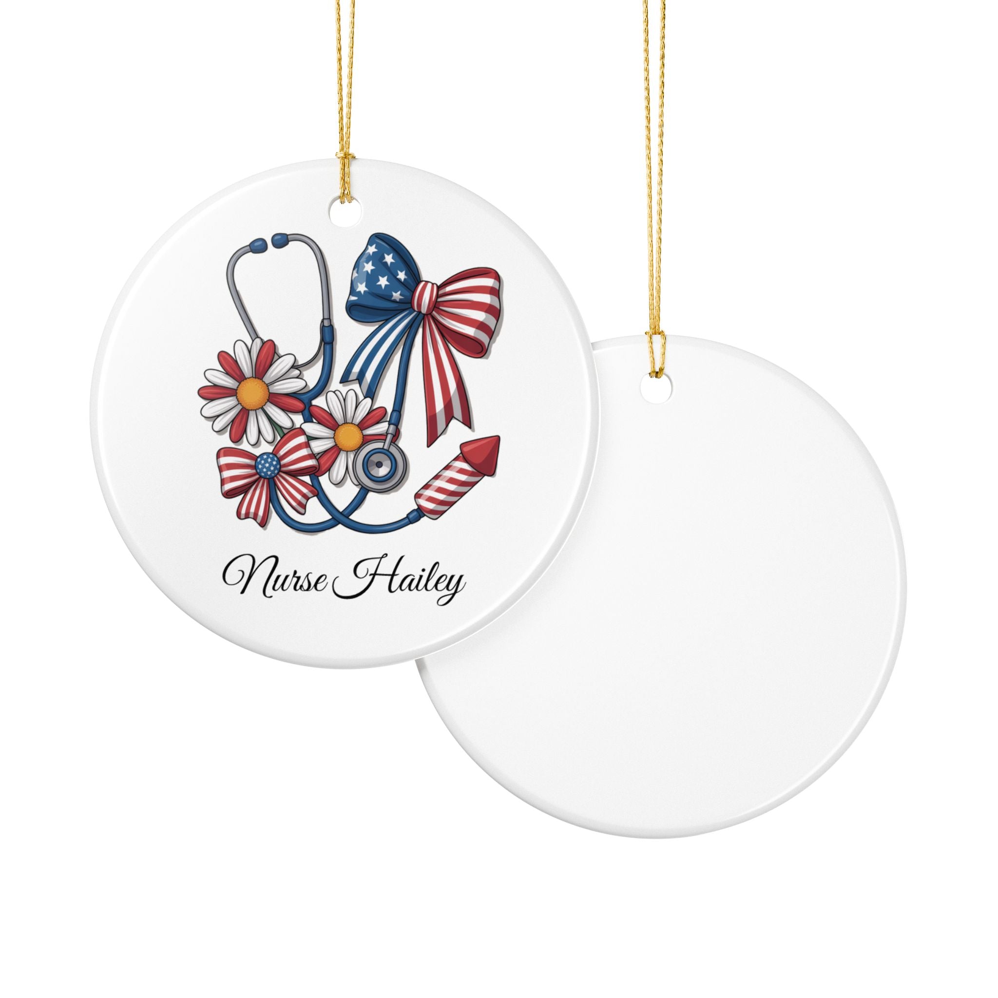 Patriotic nurse ornament lifestyle shot — round white ceramic 4th of July nurse keepsake with gold string