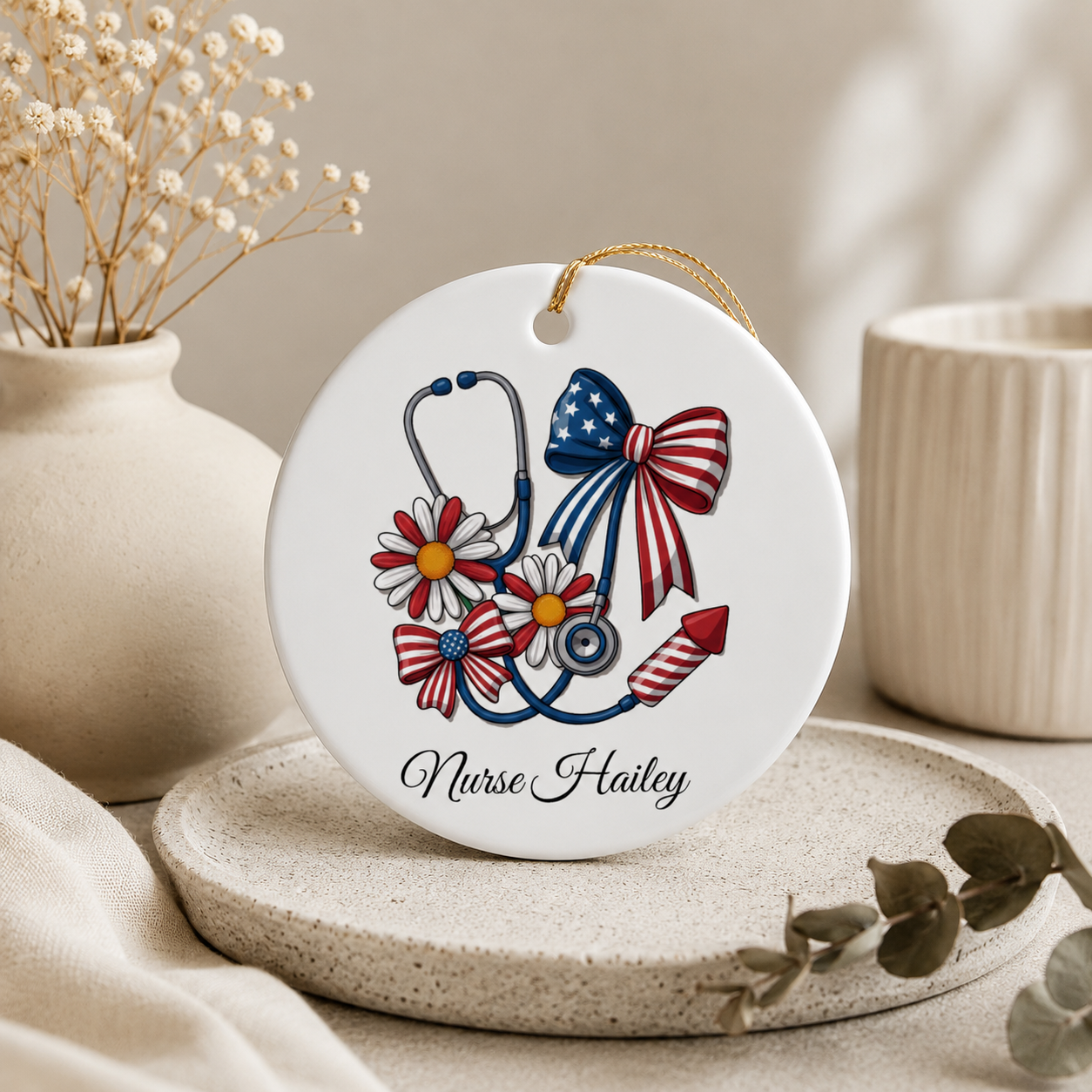 Patriotic nurse stethoscope ornament spec sheet — 2.75 inch UV printed personalised nurse 4th of July gift