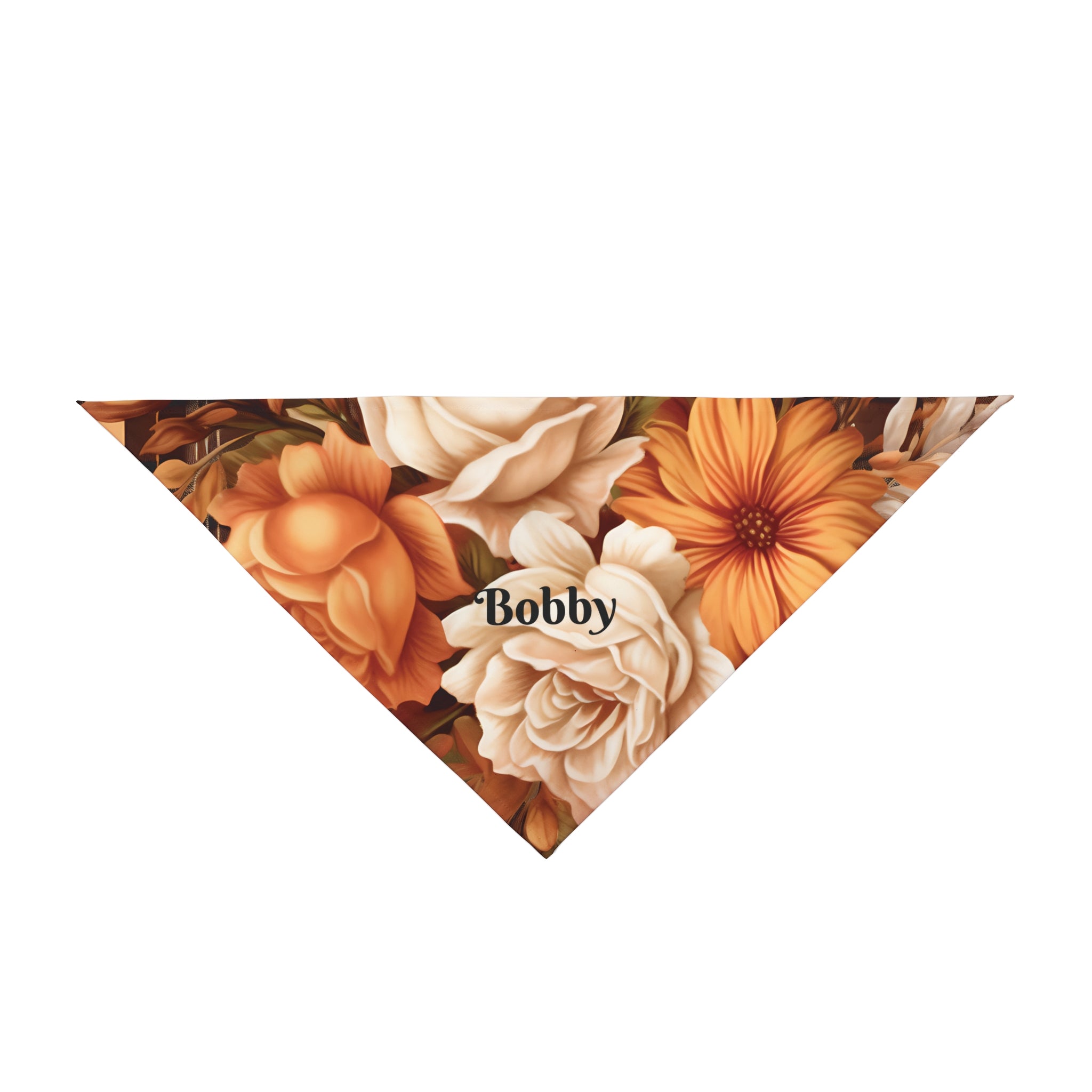 Personalised autumn floral dog bandana with orange cream roses and custom pet name Bobby
