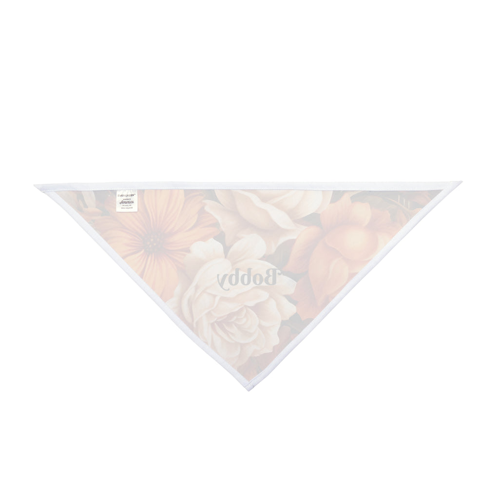 Autumn floral dog bandana lifestyle shot — personalised fall flower pet bandana on dog
