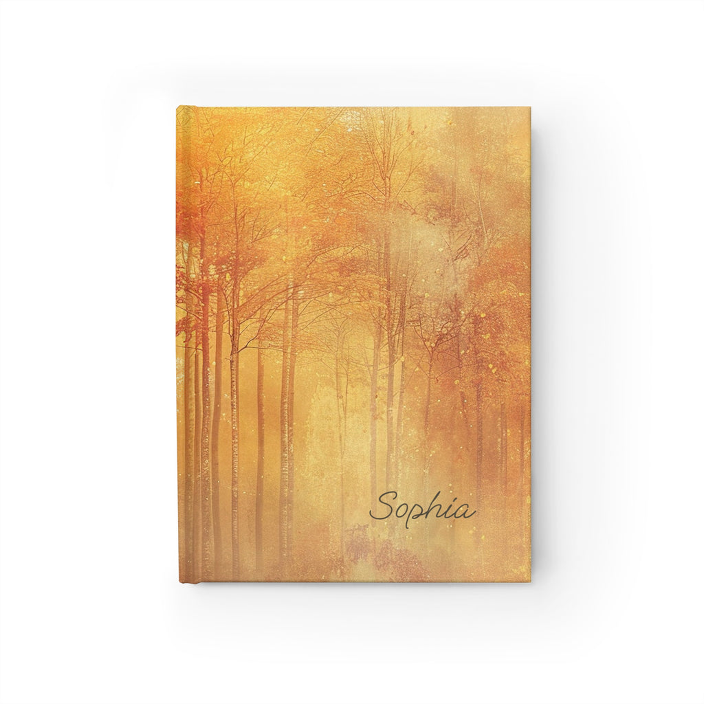 Personalised autumn forest hardcover journal with warm golden misty woodland scene and custom name in script