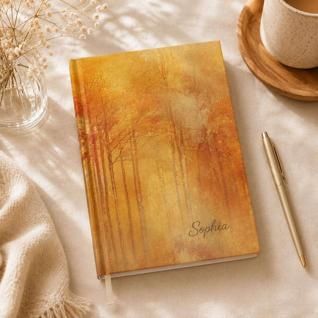 Autumn forest journal infographic — 128 blank pages 90gsm matte laminated hardcover personalised gift for her
