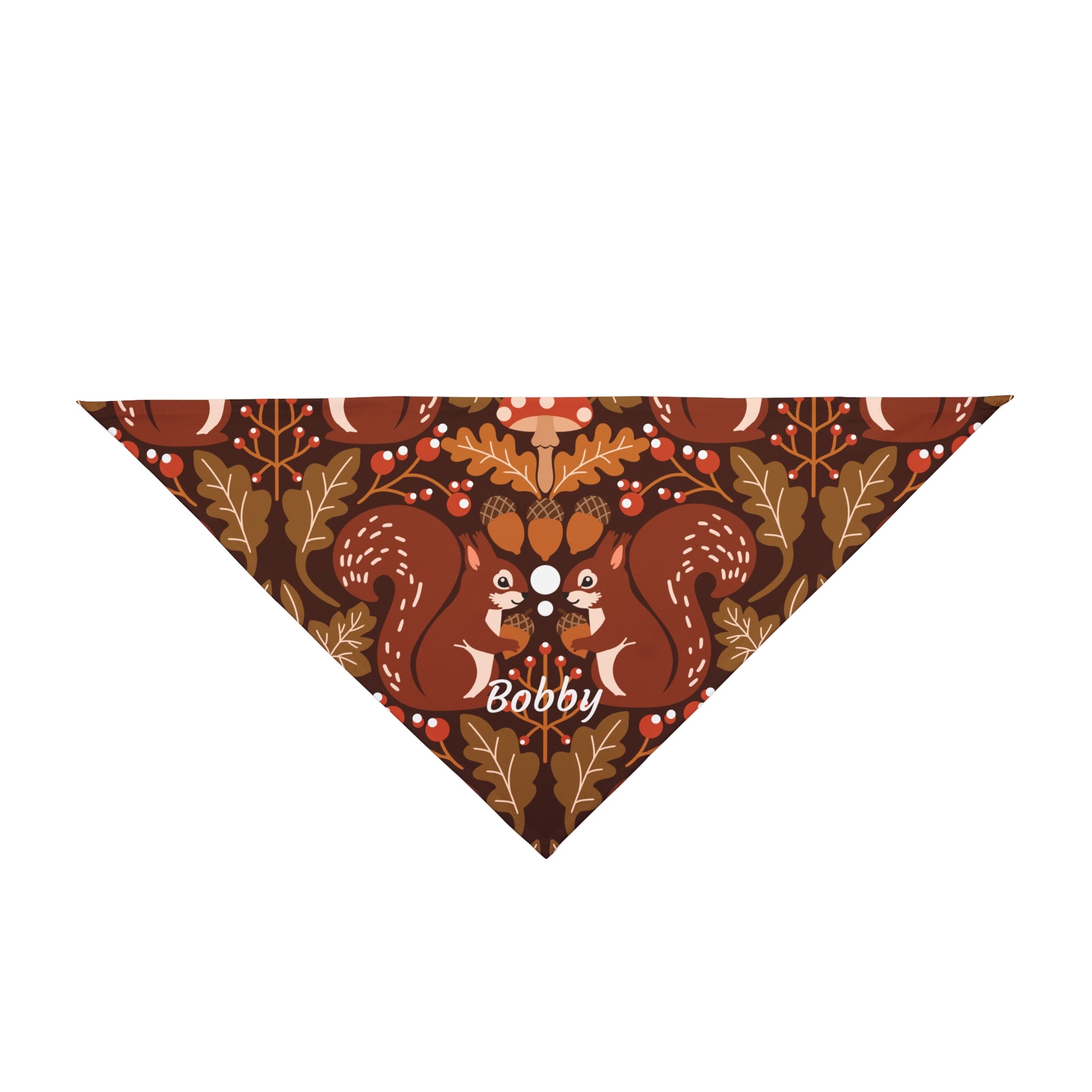 Personalised autumn squirrel folk art dog bandana with acorns oak leaves berries and custom pet name