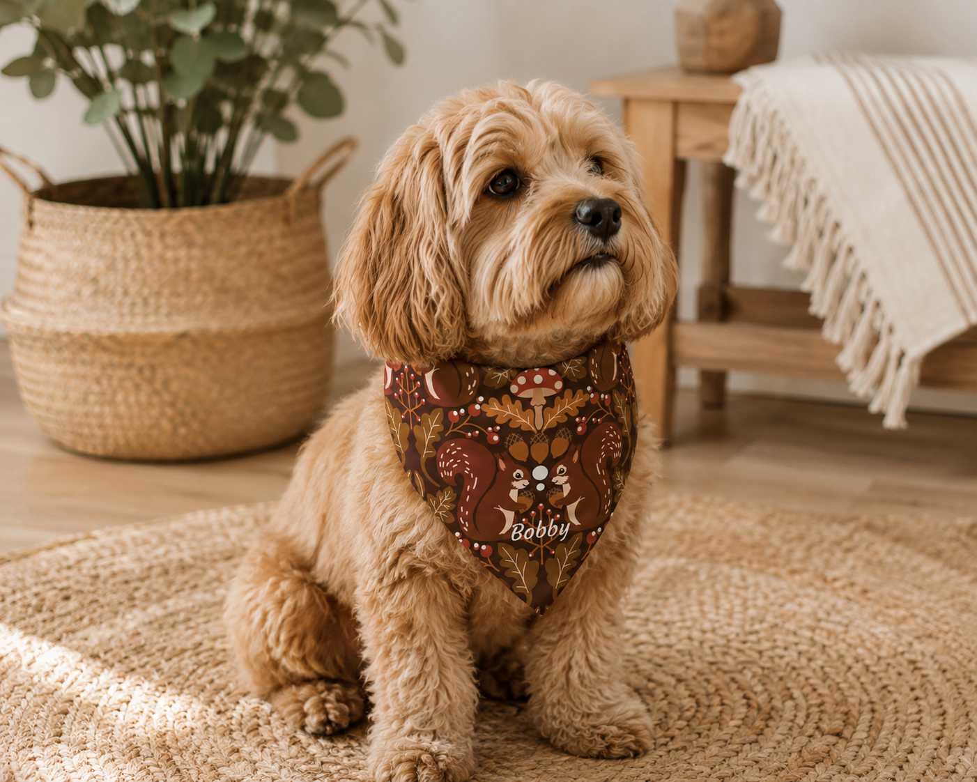 Autumn squirrel folk art dog bandana infographic — 100% polyester hemmed edges two sizes personalised pet gift