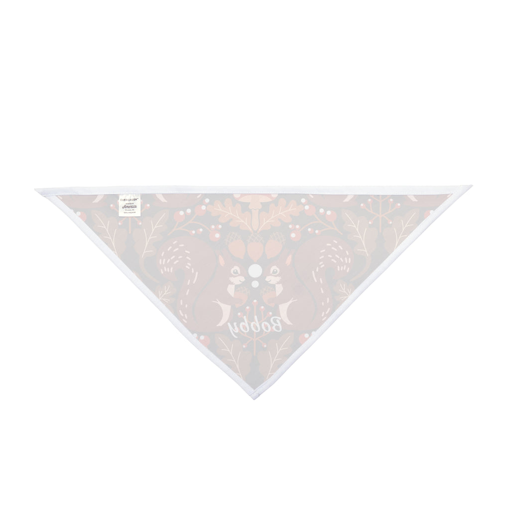 Autumn squirrel folk art dog bandana lifestyle shot — personalised fall woodland pet bandana on dog