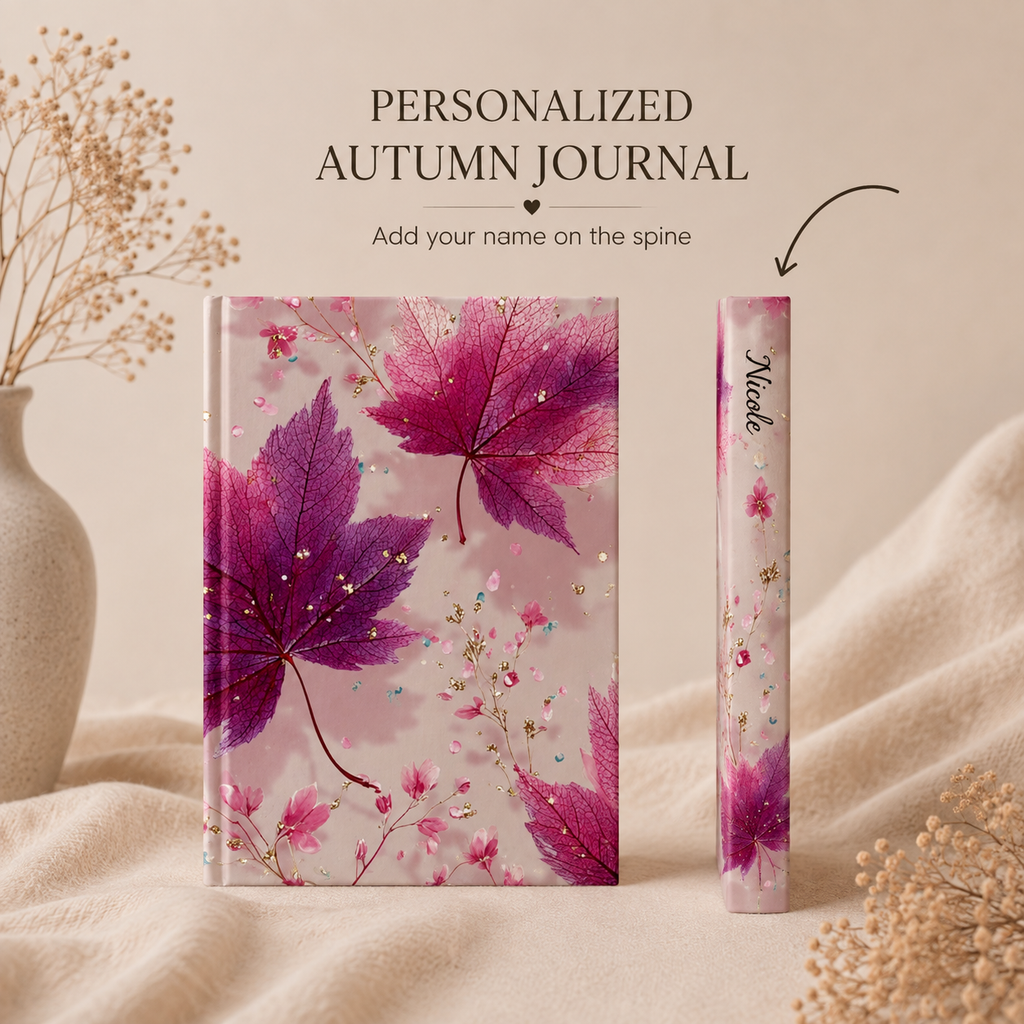 Botanical maple leaves journal infographic — 128 blank pages 90gsm name on spine personalised gift for her