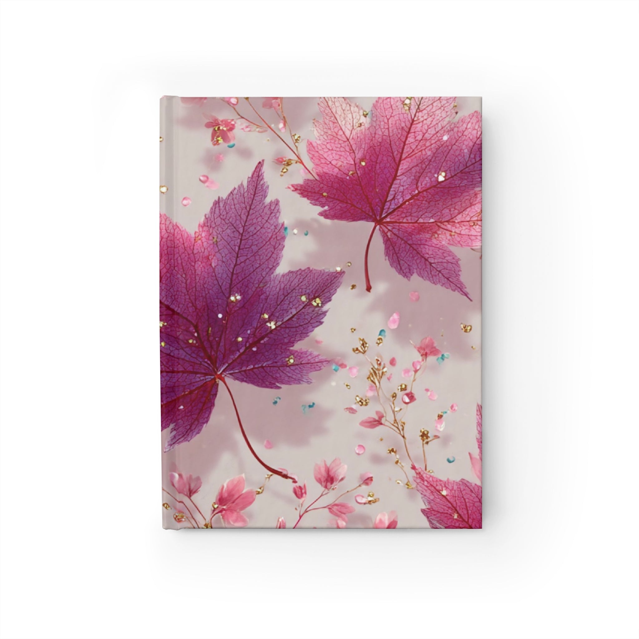 Personalised botanical maple leaves journal with pink purple leaves gold glitter floral sprays on blush background