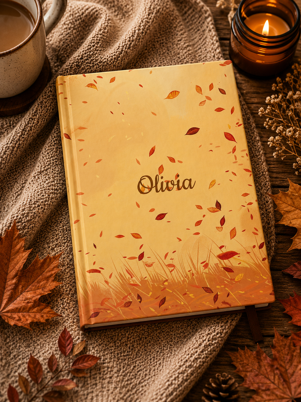 Personalised golden autumn field journal size chart, custom name notebook