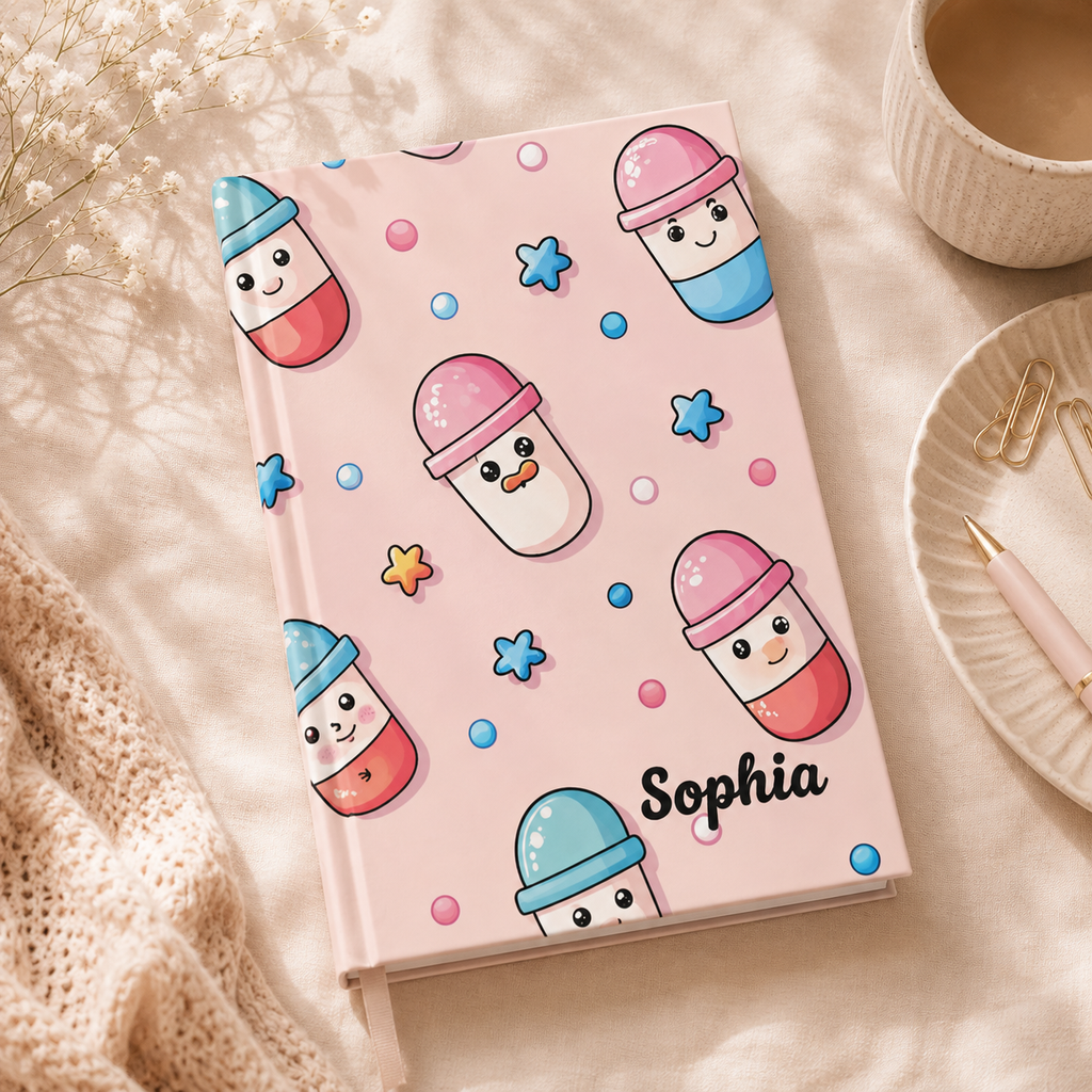 Kawaii pill capsule journal infographic — 128 blank pages 90gsm matte laminated hardcover personalised gift