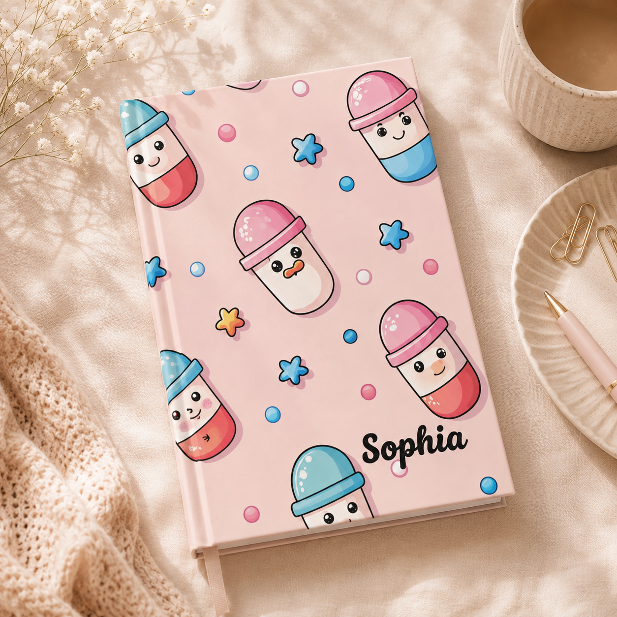 Kawaii pill capsule journal infographic — 128 blank pages 90gsm matte laminated hardcover personalised gift