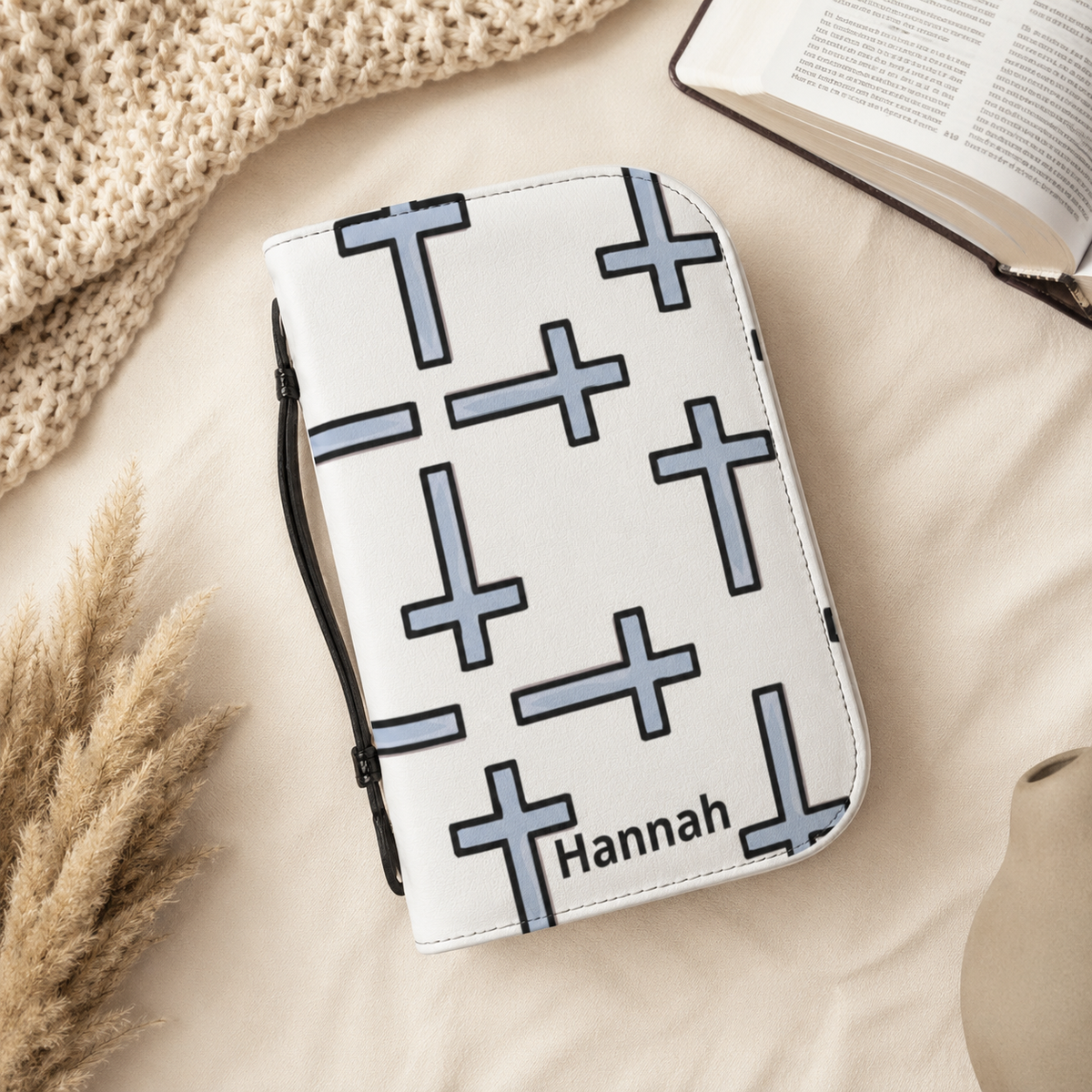 Personalised light blue cross pattern Bible cover with custom name