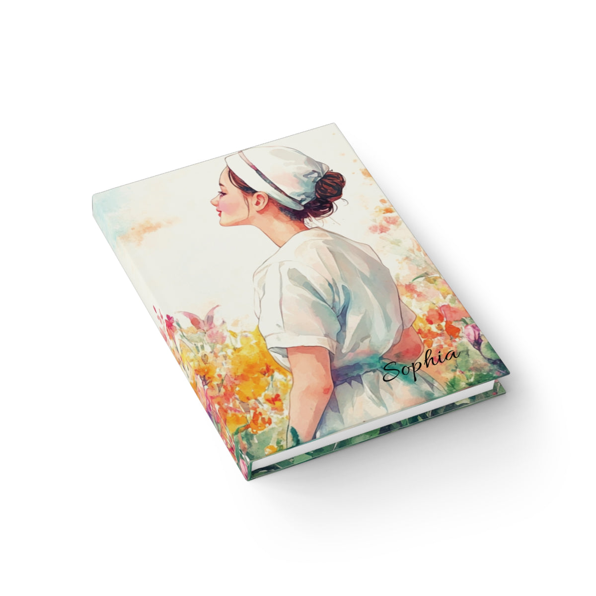 Nurse cherry blossom journal lifestyle — personalised hardcover notebook open flat with teal blue cherry blossom cover