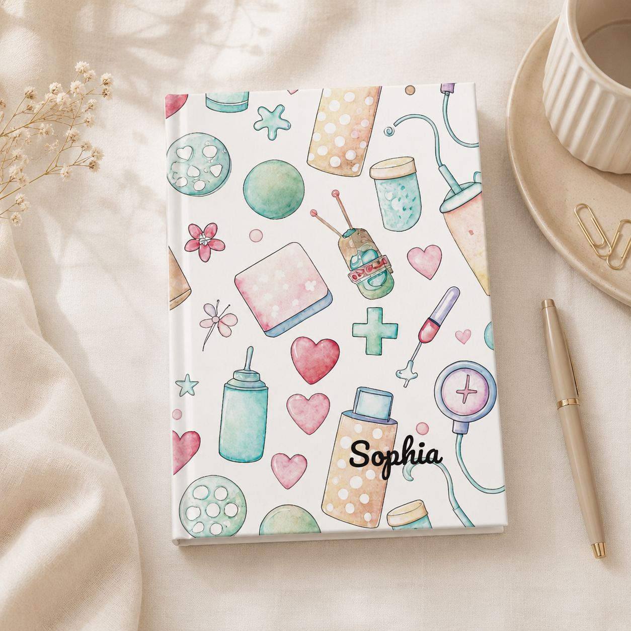 Nurse journal infographic — 128 blank pages 90gsm matte laminated hardcover personalised nurse gift