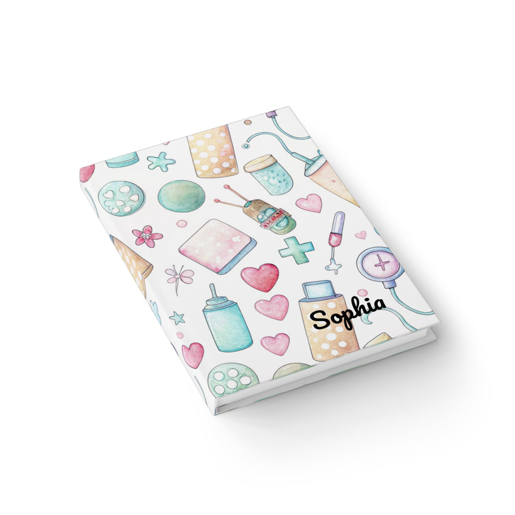 Nurse journal personalised lifestyle shot — hardcover notebook with watercolour medical pattern open flat