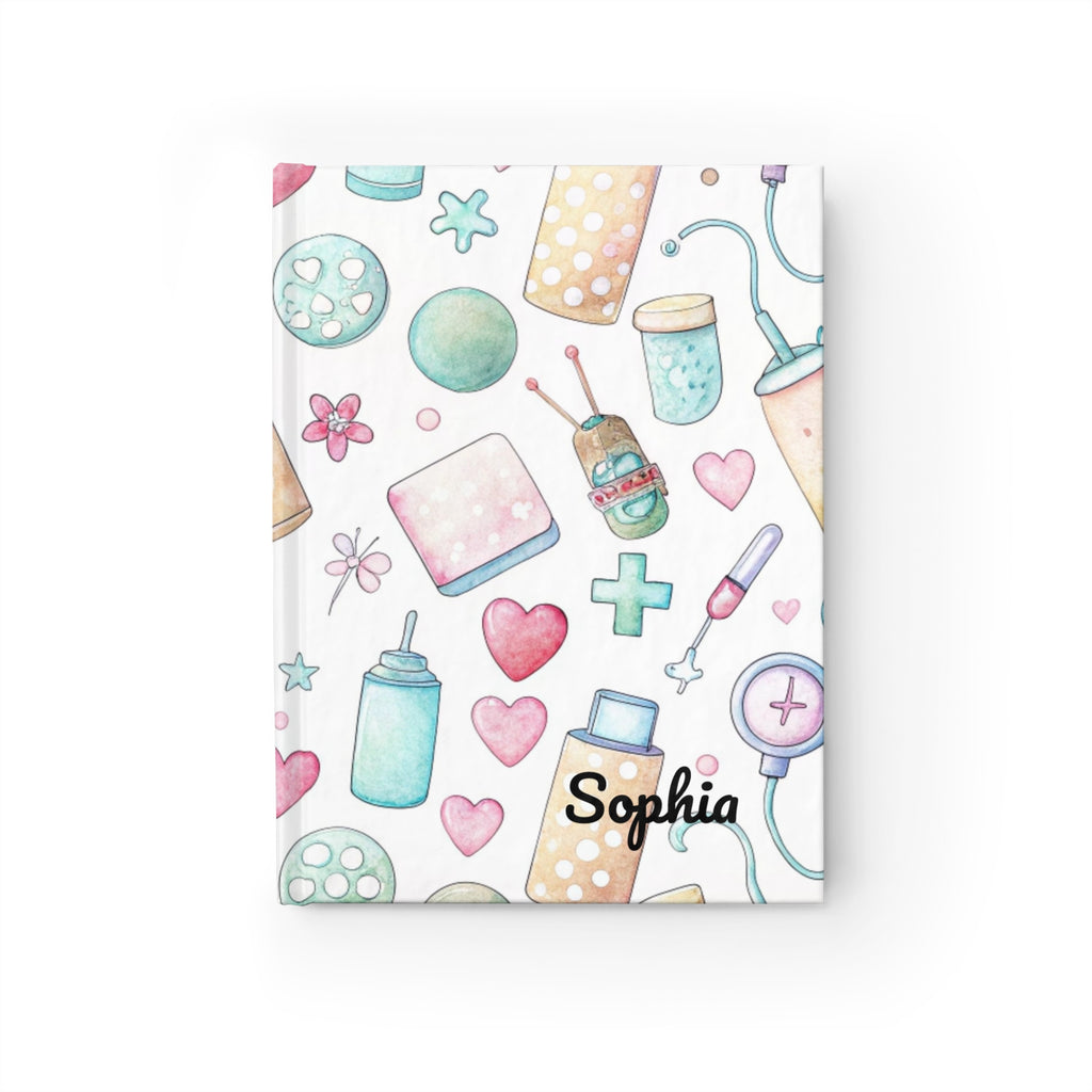 Personalised nurse journal with red medical icons clipboard hearts and custom name on hardcover