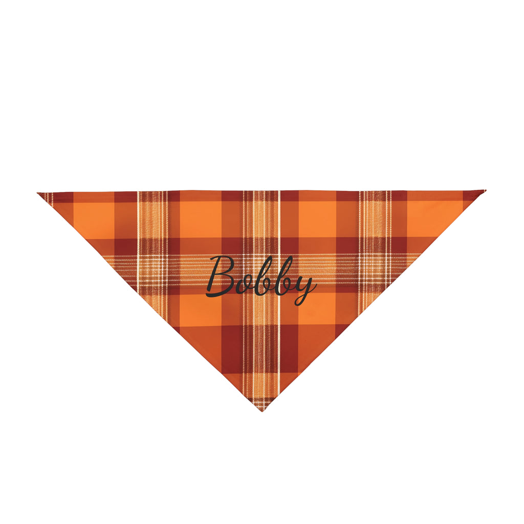 Personalised orange plaid tartan dog bandana with custom pet name Bobby in script lettering
