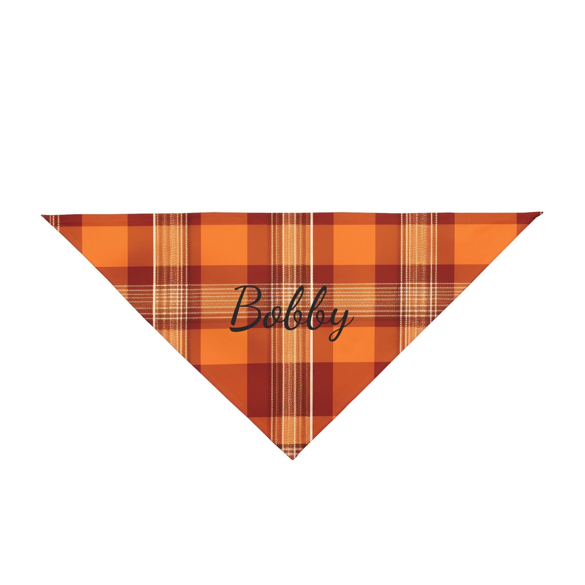 Personalised orange plaid tartan dog bandana with custom pet name Bobby in script lettering