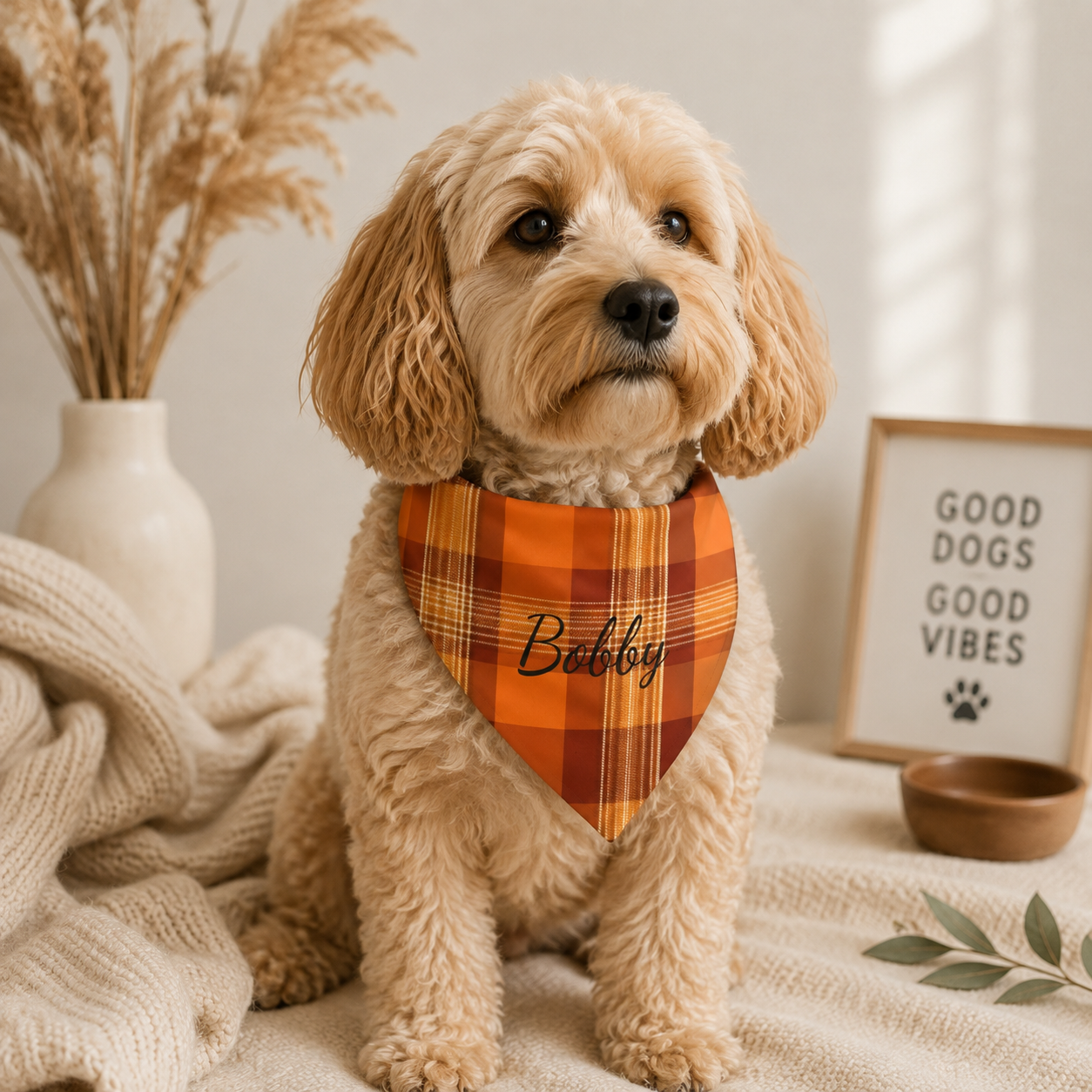 Orange plaid tartan dog bandana infographic — 100% polyester hemmed edges two sizes personalised dog gift