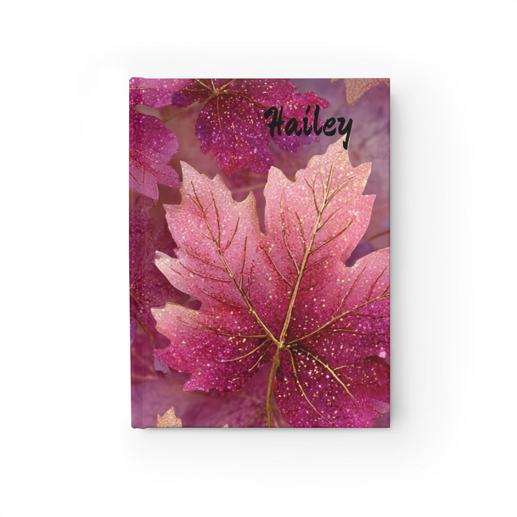 Personalised pink glitter maple leaf close-up hardcover journal with gold veining and custom name on dark pink