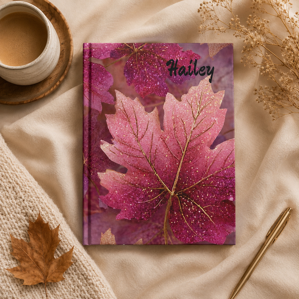 Pink glitter maple leaf journal infographic — 128 blank pages 90gsm matte laminated hardcover personalised gift