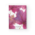 Personalised pink purple glitter maple leaves hardcover journal with gold accents and custom name on white background